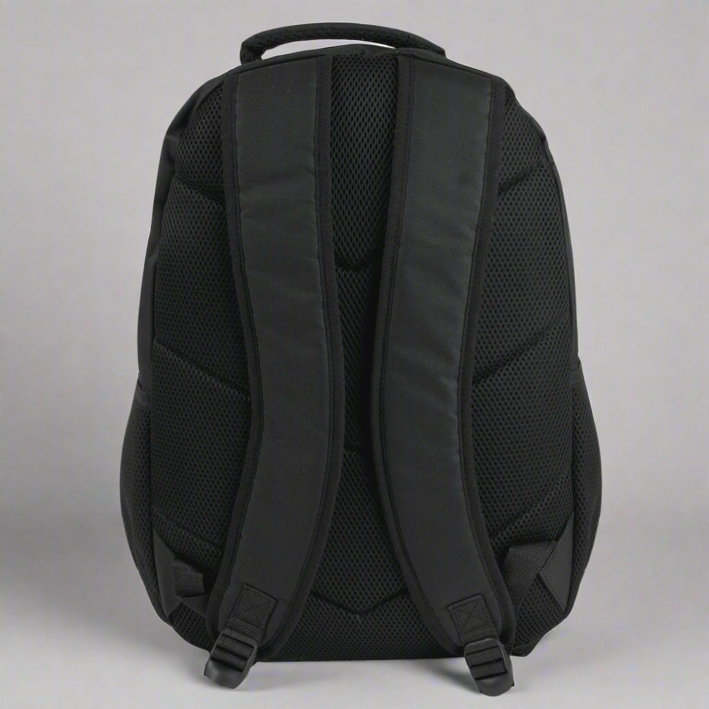 Heavy Duty 19 Inch Dual Compartment Laptop Backpack in black, featuring spacious compartments, skateboard straps, and a durable design. Perfect for carrying laptops, books, and gear for work, school, travel, or outdoor adventures.