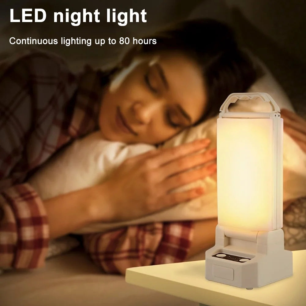 Image of a 4500mAh rechargeable emergency lantern featuring dual charging options (solar and USB Type-C), adjustable brightness, and a weather-resistant design, displayed on a clean white background.