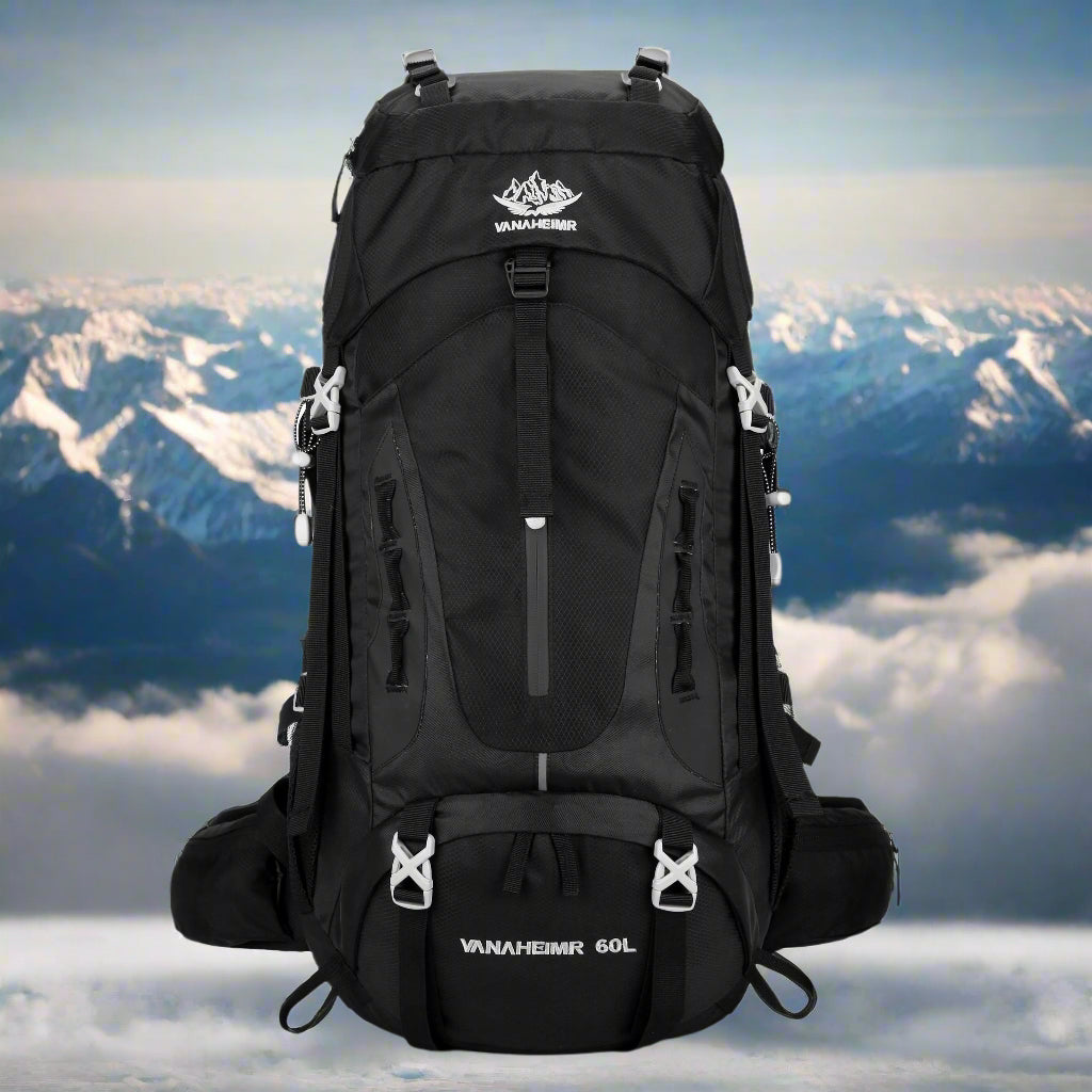 "TrekMate 60L Waterproof Travel Backpack with rain cover - perfect for hiking, camping, and outdoor adventures."