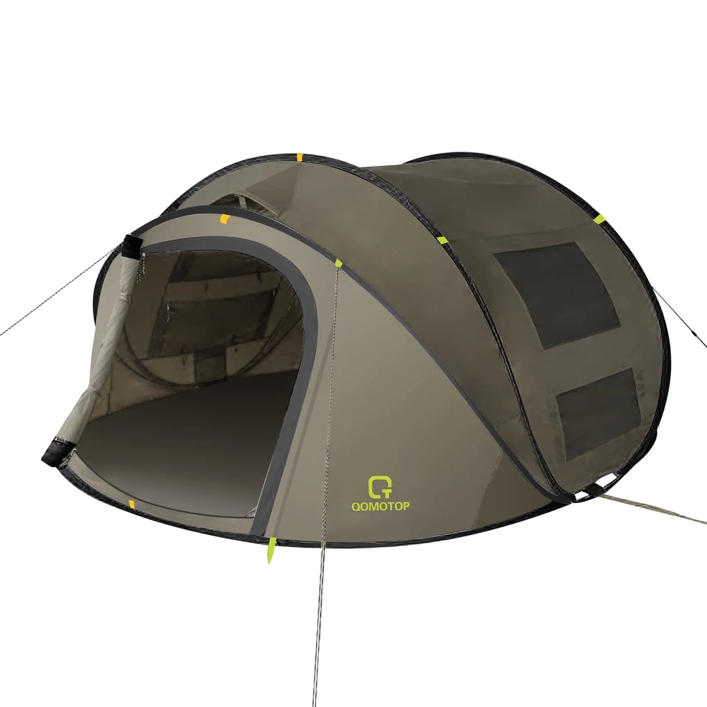 "4-Person Pop-Up Camp Tent - waterproof with large side screen windows and easy automatic setup in green."