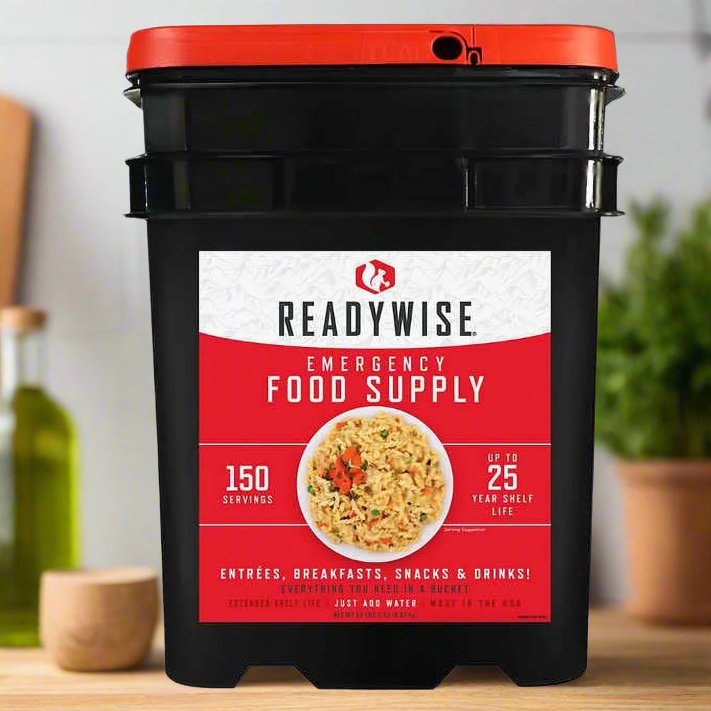 "ReadyWise 150-Serving Emergency Food Bucket - complete meal kit with 25-year shelf life, breakfast, entrees, and sides."