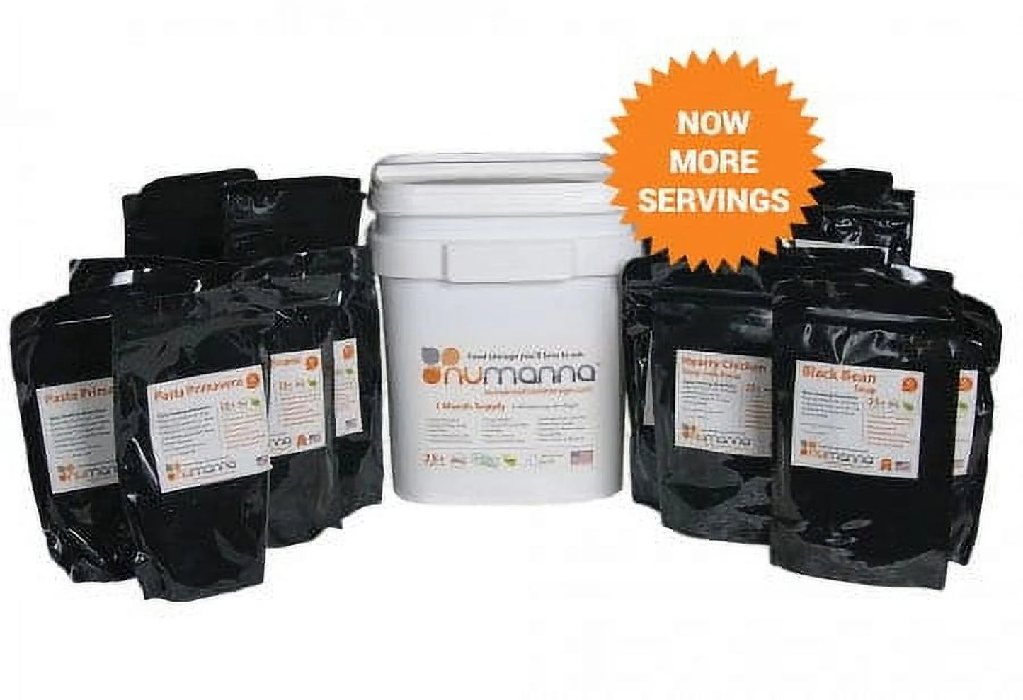 "NuManna Family Pack - 144 meal emergency food storage kit with 25+ year shelf life and GMO-free survival food."