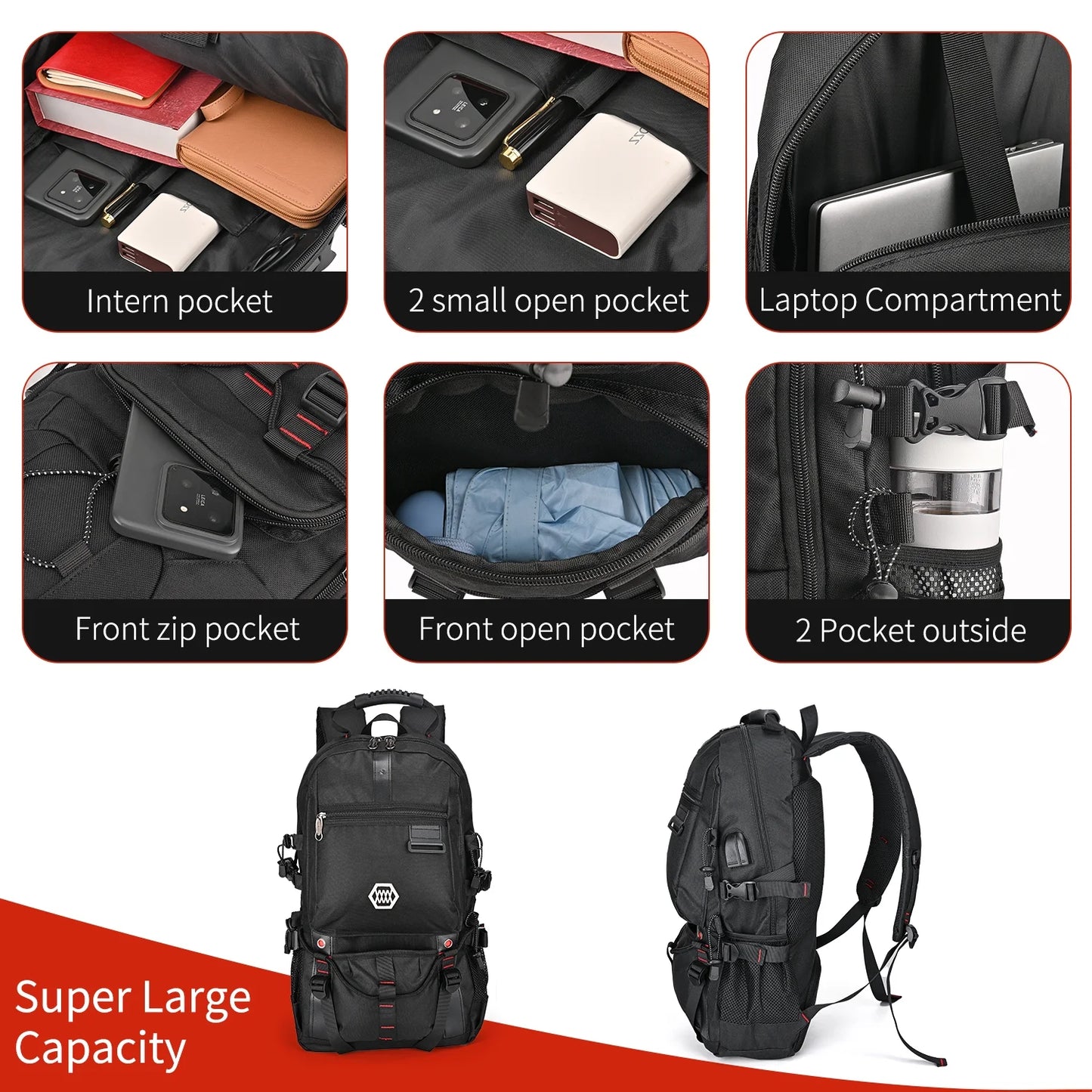 56L Anti-Theft Hiking Backpack for Men & Women - Durable Polyester Travel Bag with Slim Design