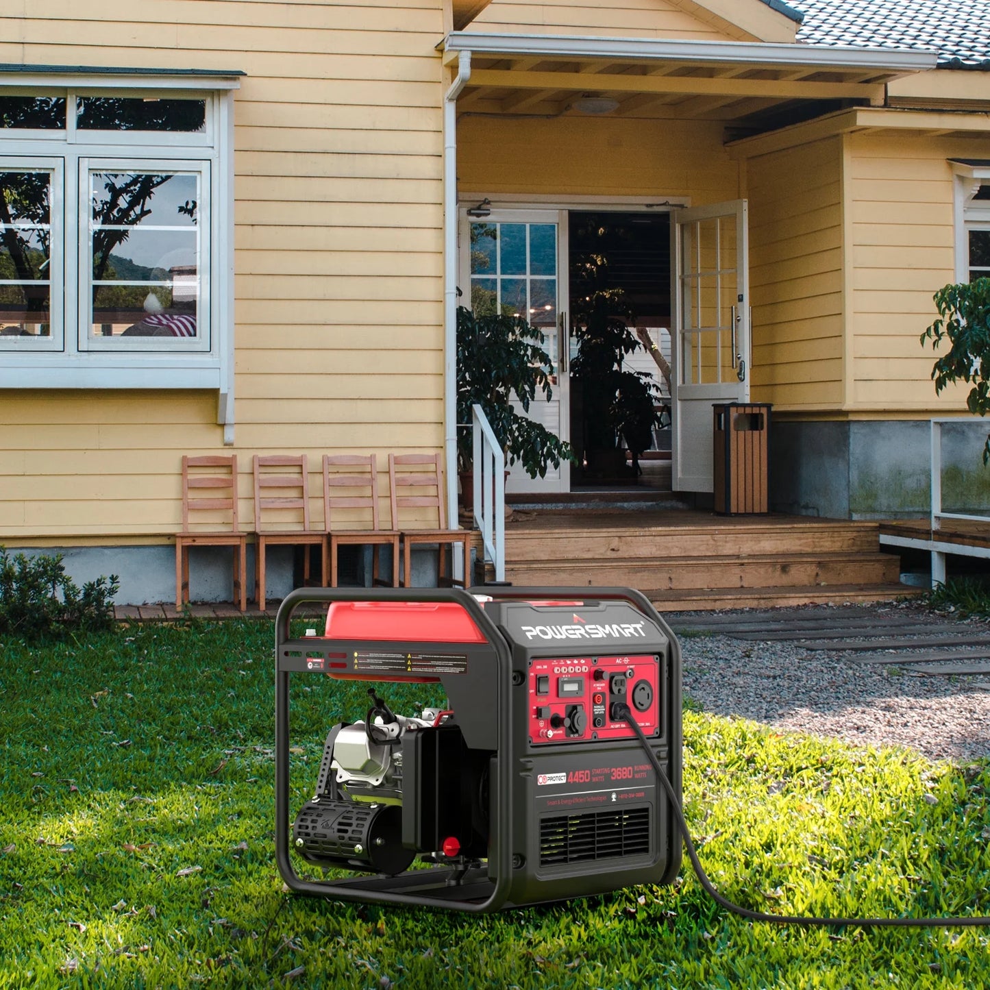 Image of a 4450-watt gas-powered inverter generator, featuring a compact design and EPA compliance, perfect for outdoor adventures and home backup, displayed on a clean white background.