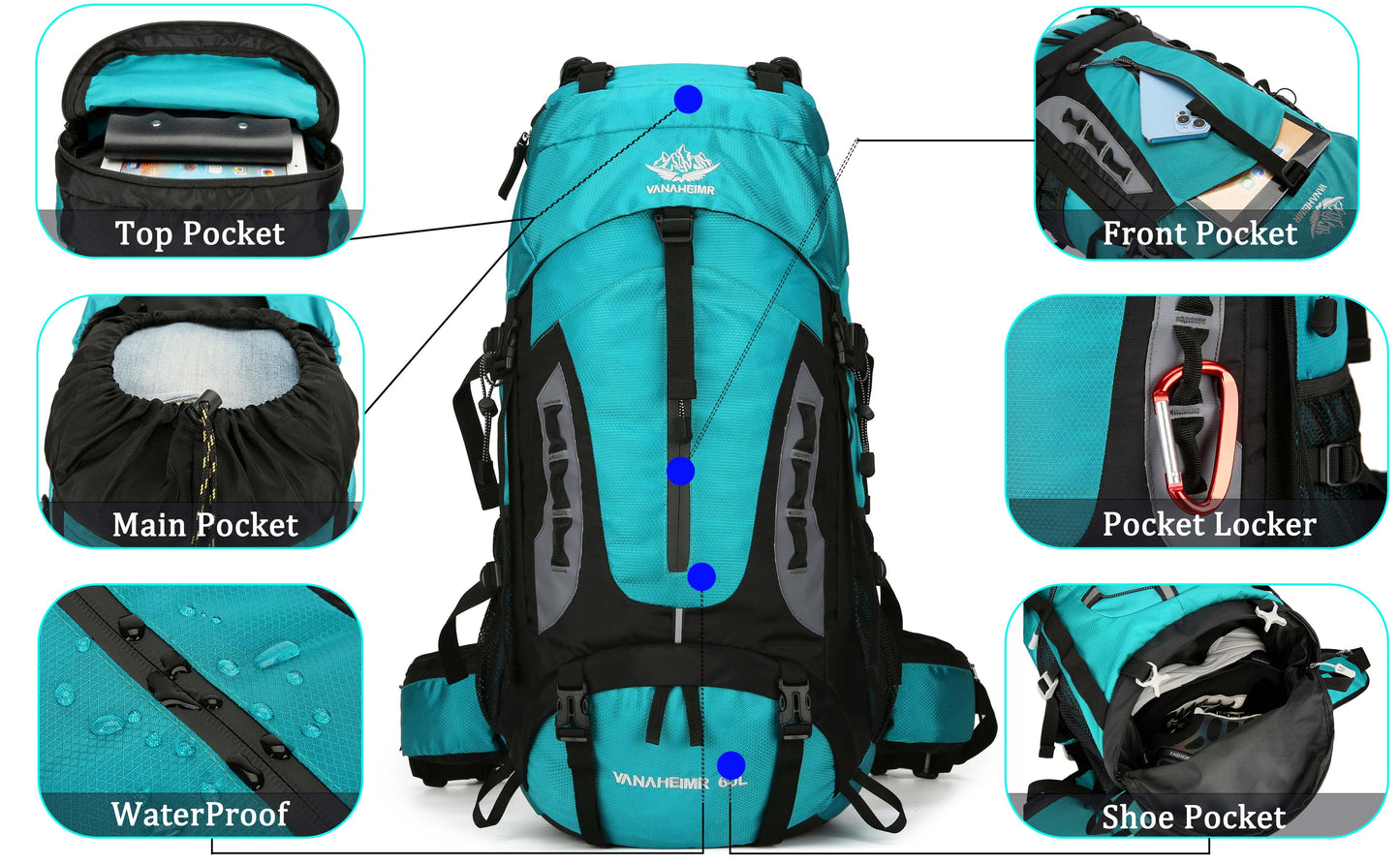 "TrekMate 60L Waterproof Travel Backpack with rain cover - perfect for hiking, camping, and outdoor adventures."