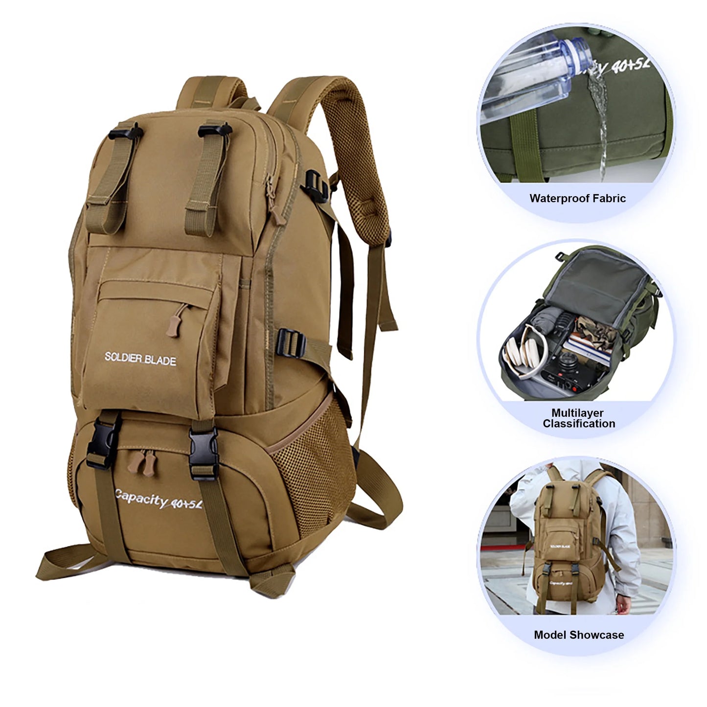 "45L Waterproof Backpack - durable climbing daypack for men and women in khaki with built-in emergency whistle and external straps."