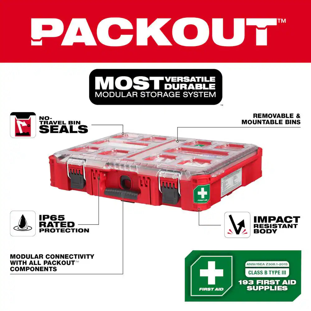 Image of a Milwaukee PACKOUT First Aid Kit featuring 193 essential pieces, a durable weather-sealed case, and a bonus 20oz red tumbler, displayed on a clean white background.