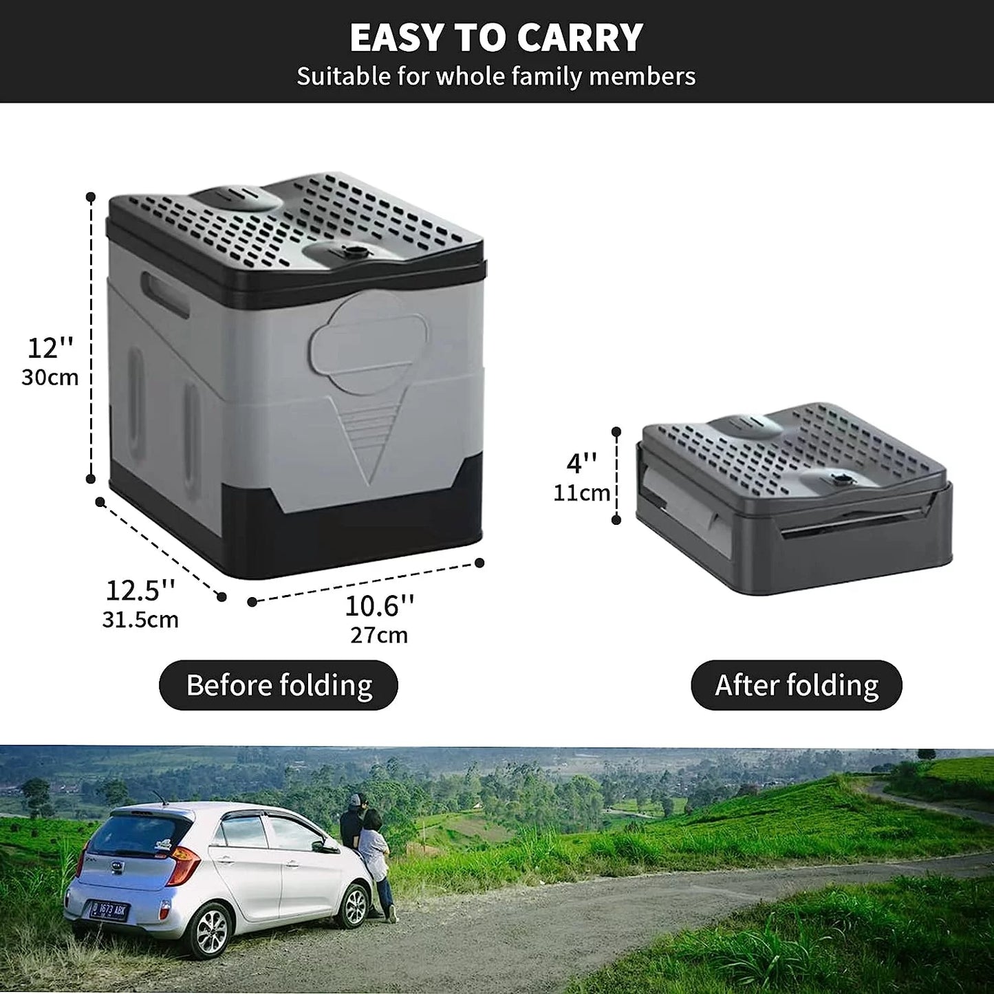 Image of a waterproof folding camping potty with a 400lb capacity, featuring a compact design, durable ABS plastic, and easy setup, ideal for emergency preparedness and outdoor use, displayed on a clean white background.
