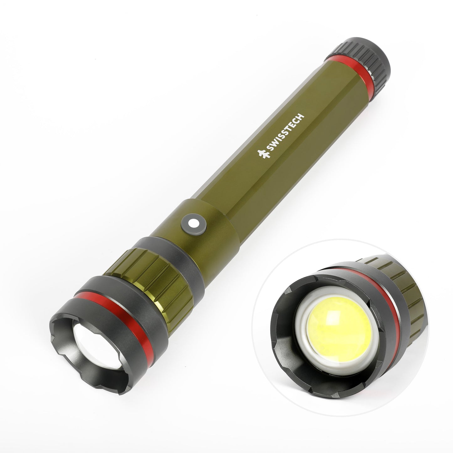 "6500 Lumen Rechargeable LED Flashlight - dual power AA/USB, built-in charging bank, and IP67 waterproof design."