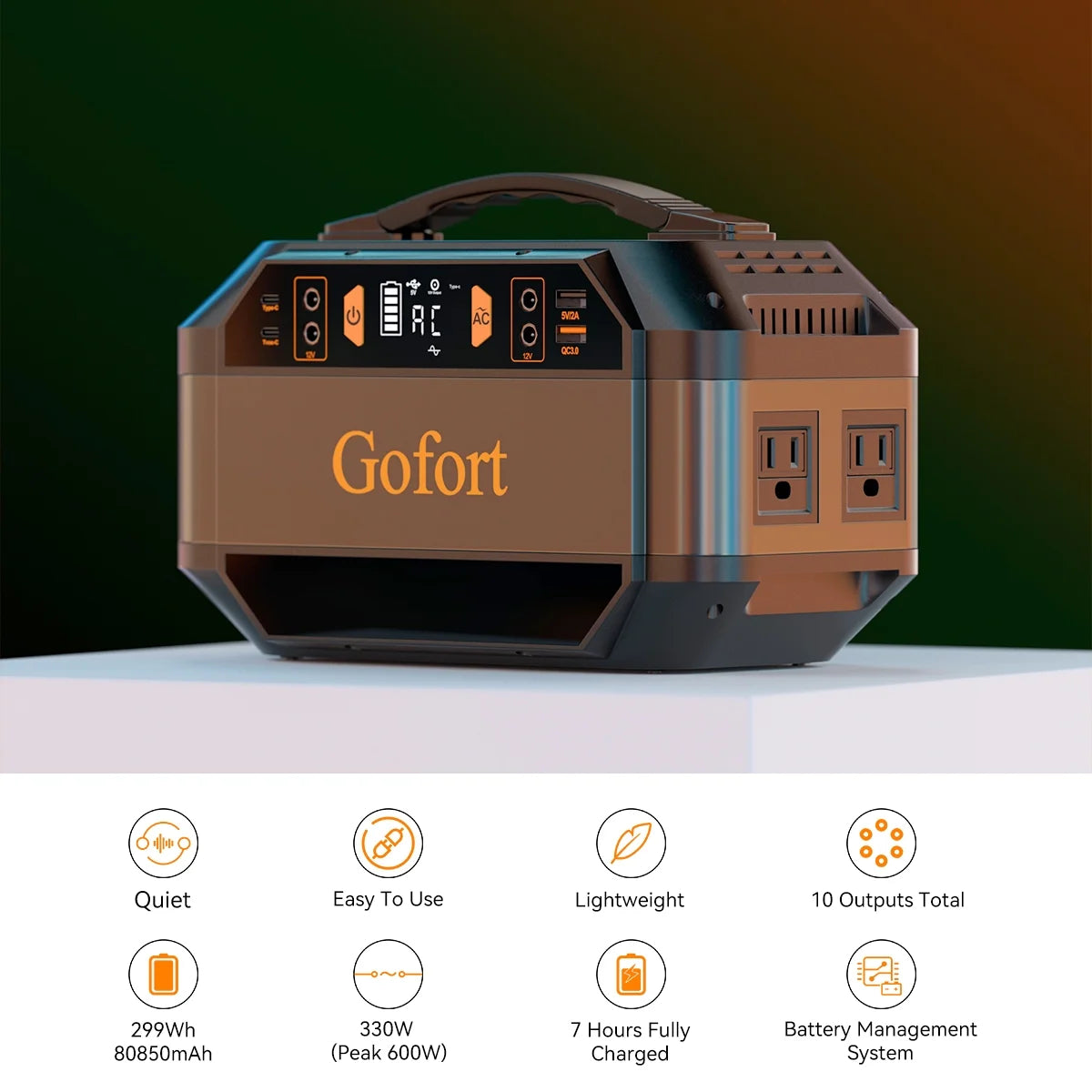 Image of a 299Wh portable power station featuring multiple outlets (AC, USB, and DC), compact and lightweight, ideal for home backup, outdoor adventures, and emergencies, displayed on a clean white background.