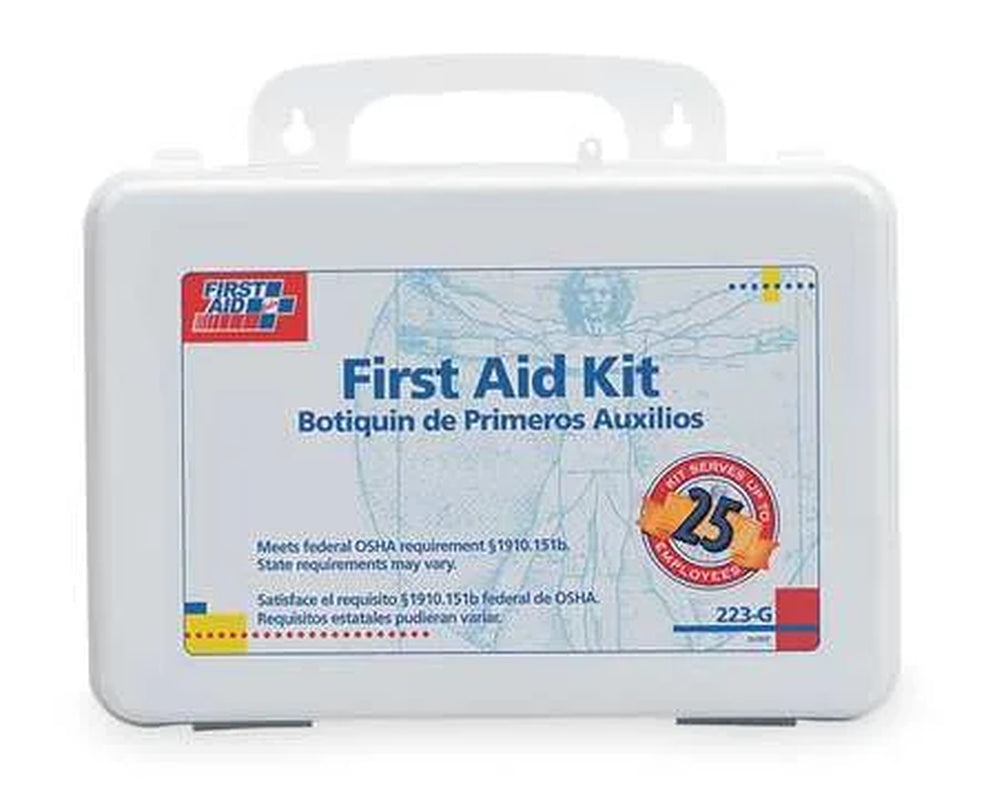 "Compact OSHA-Compliant First Aid Kit with handle, showcasing its weatherproof design and organized medical supplies."