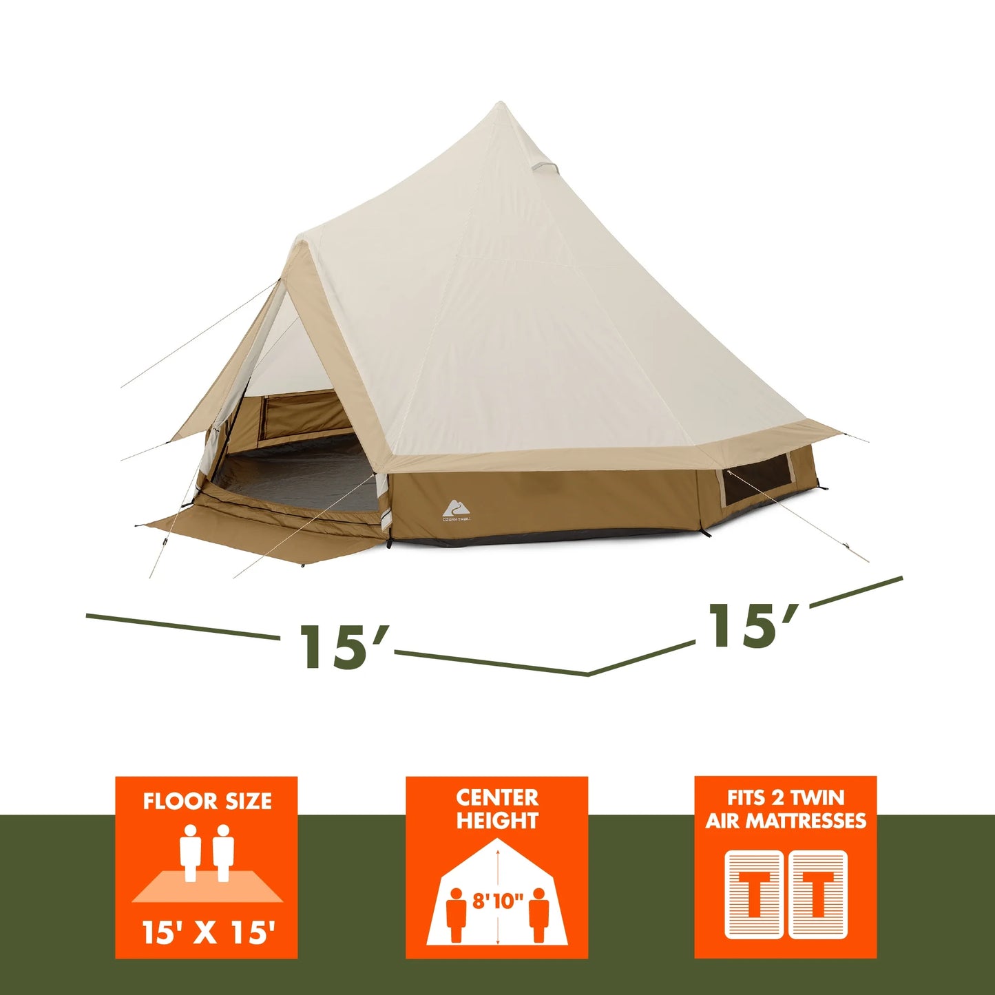"8-Person Instant Cabin Tent set up in a campsite, showcasing its spacious interior, LED lighted poles, and durable design."