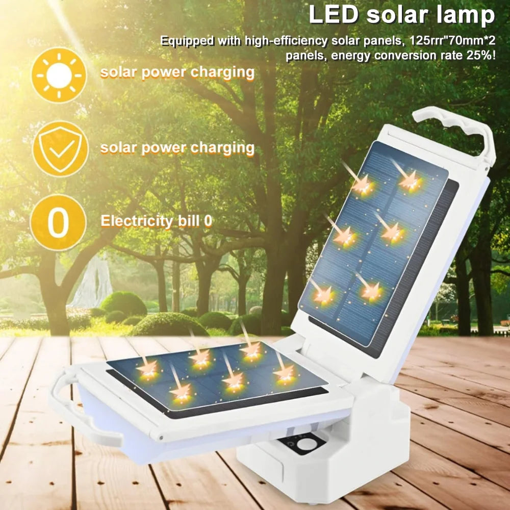 Image of a 4500mAh rechargeable emergency lantern featuring dual charging options (solar and USB Type-C), adjustable brightness, and a weather-resistant design, displayed on a clean white background.