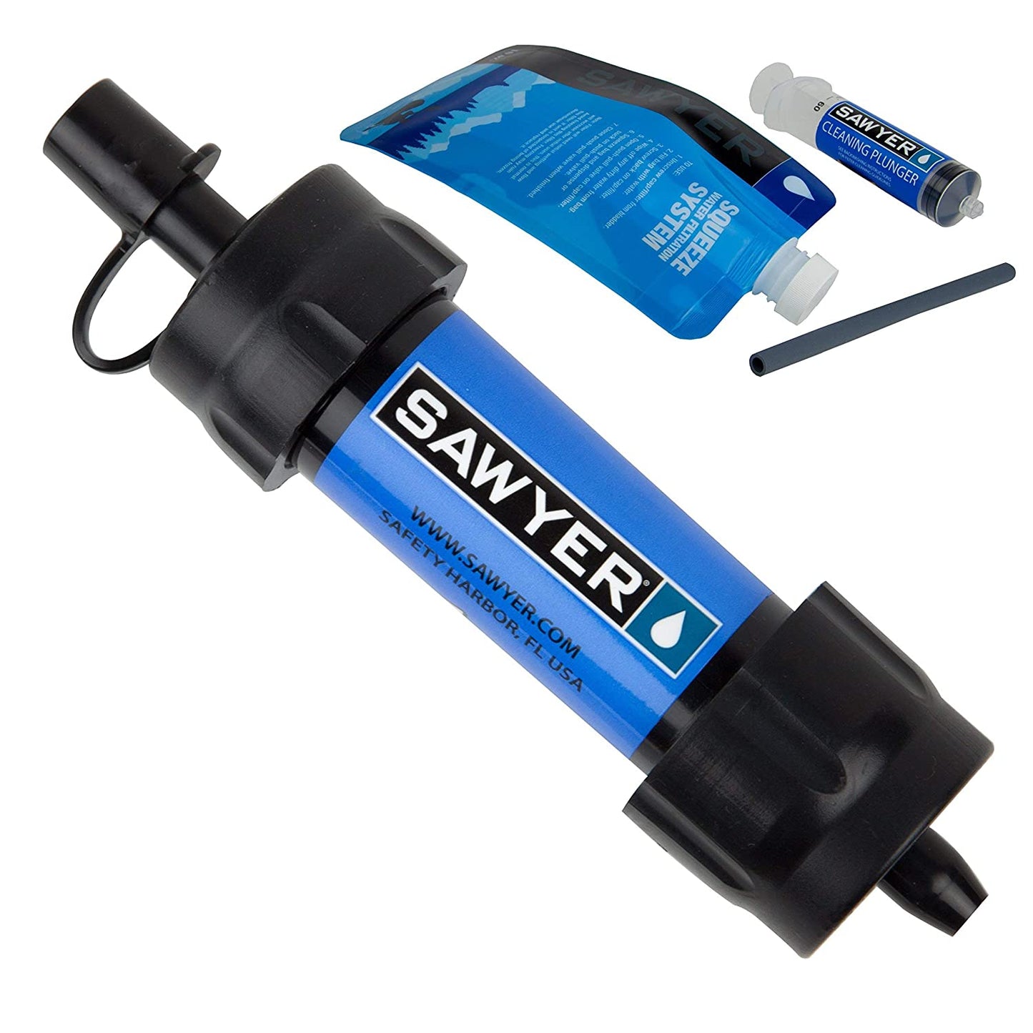 "Sawyer SP128 MINI Water Filter - ultralight 0.1 micron survival water purifier in blue with complete emergency kit."