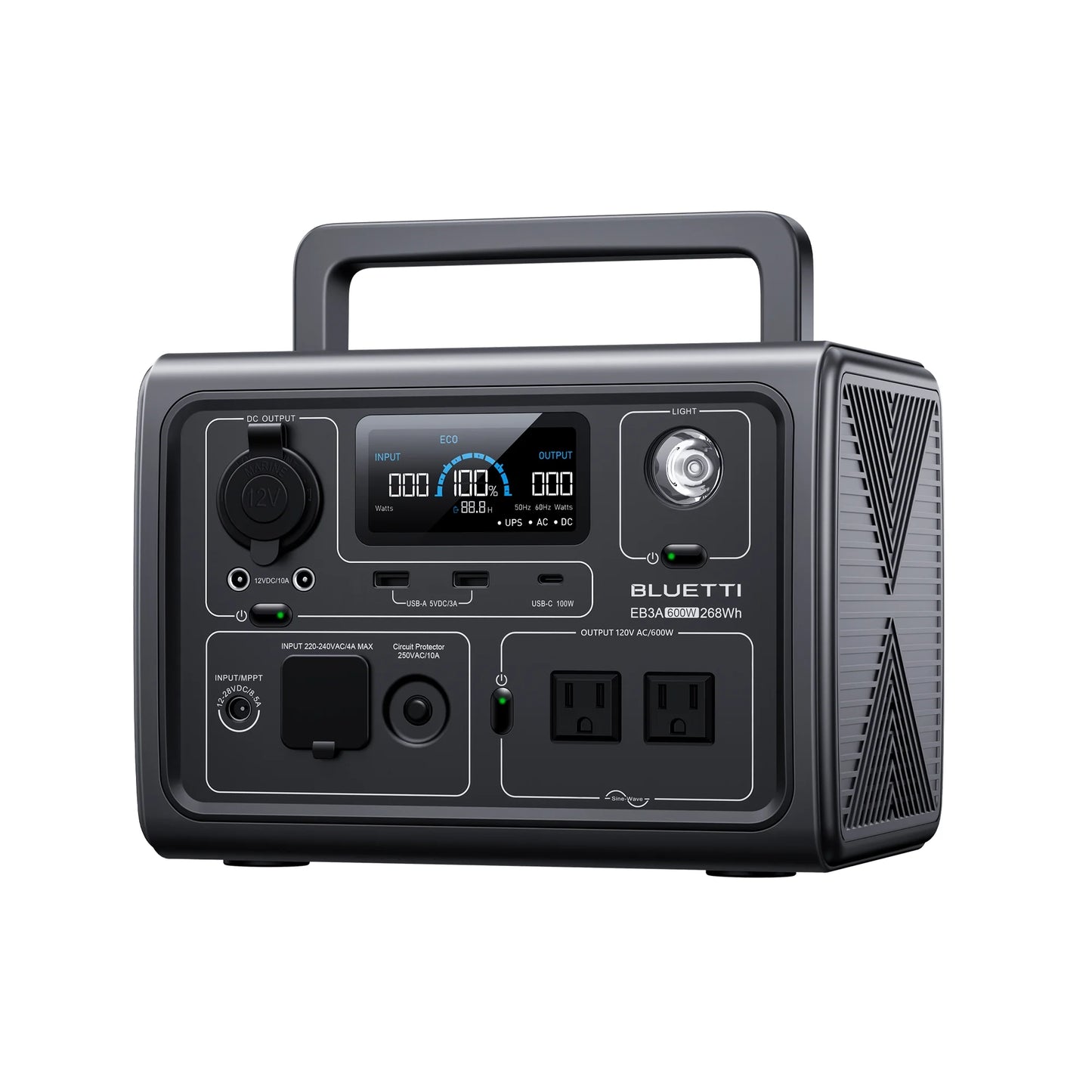 BLUETTI EB3A Portable Solar Generator with 600W AC output, 268Wh capacity, and fast recharging for camping and emergencies.