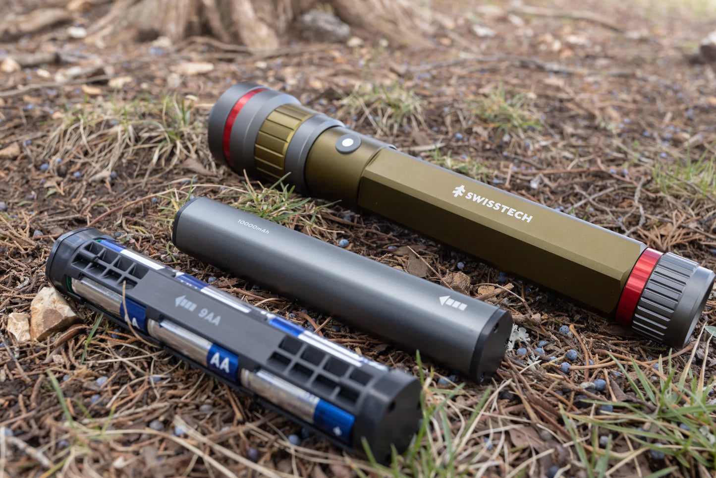 "6500 Lumen Rechargeable LED Flashlight - dual power AA/USB, built-in charging bank, and IP67 waterproof design."