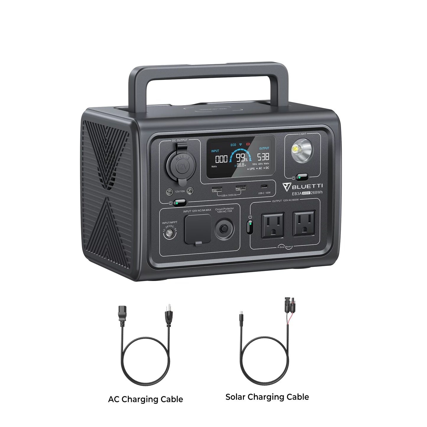 BLUETTI EB3A Portable Solar Generator with 600W AC output, 268Wh capacity, and fast recharging for camping and emergencies.