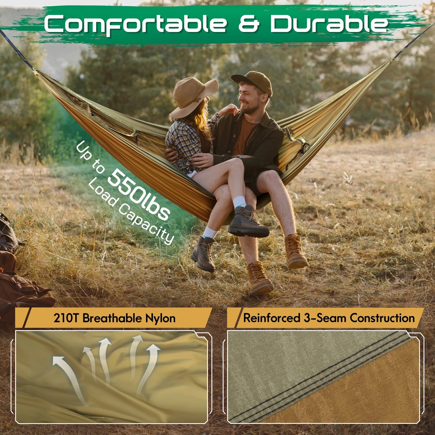 3-in-1 Portable Camping Hammock Tent - 550Lbs Capacity, Compact Design (15.7 x 9 inches) - Black