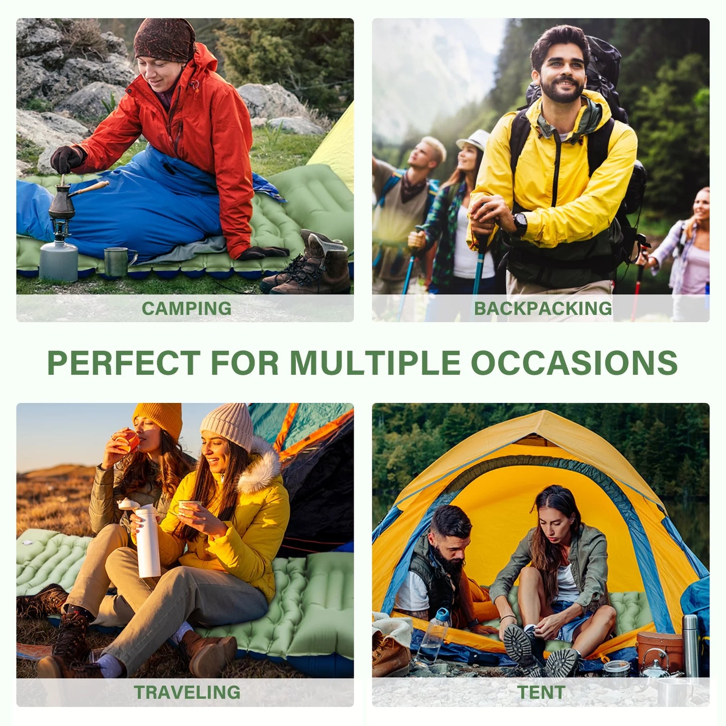 Image of a camping pad with a built-in pillow, featuring an extra-wide ripple air cell design, ultralight construction, and durable materials, ideal for backpacking and emergency preparedness, displayed on a clean white background.