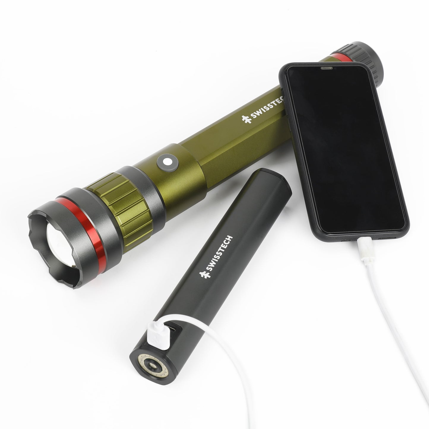 "6500 Lumen Rechargeable LED Flashlight - dual power AA/USB, built-in charging bank, and IP67 waterproof design."