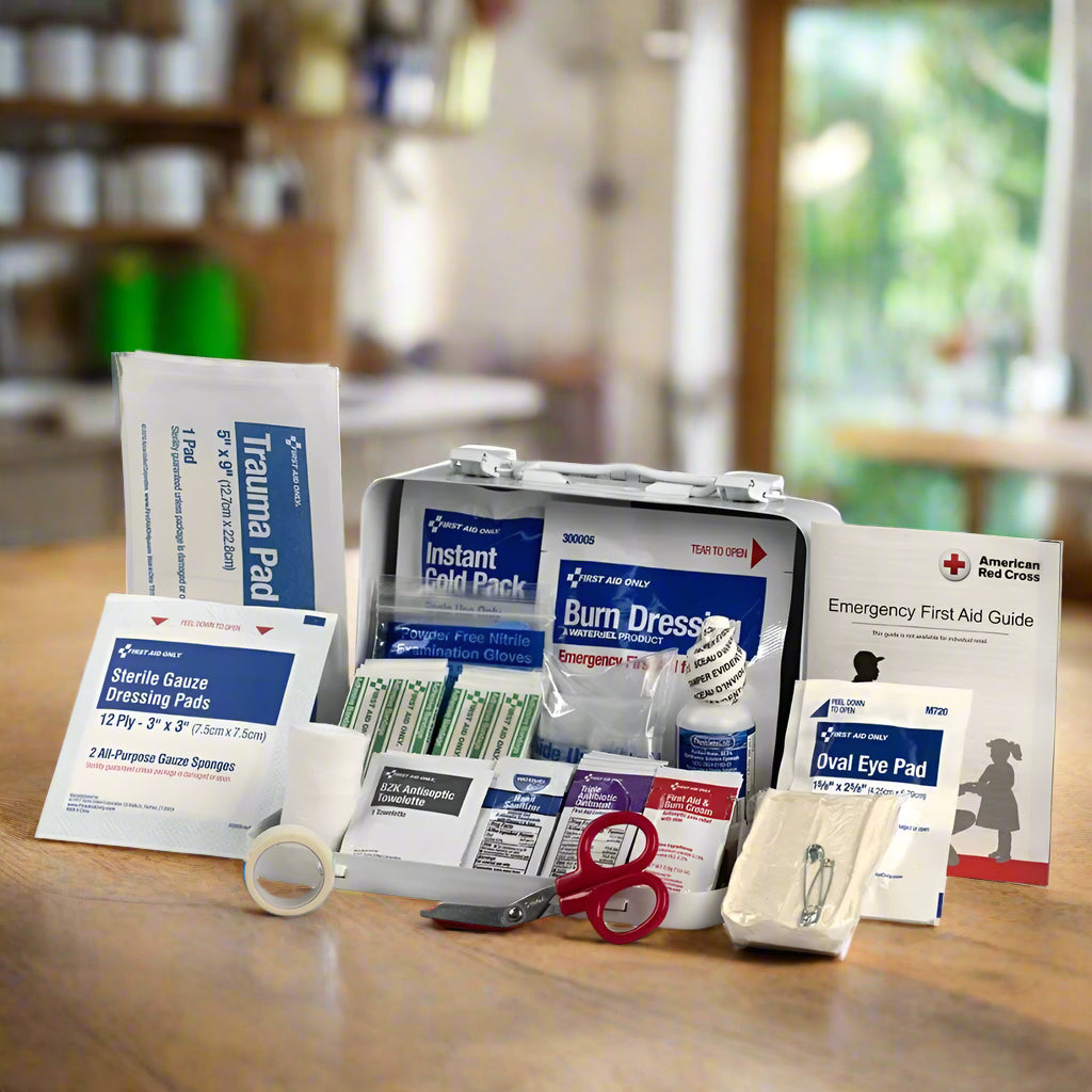 "ANSI Class A+ 351 First Aid Kit in a durable metal case with wall mount, showcasing its organized and OSHA-compliant design."