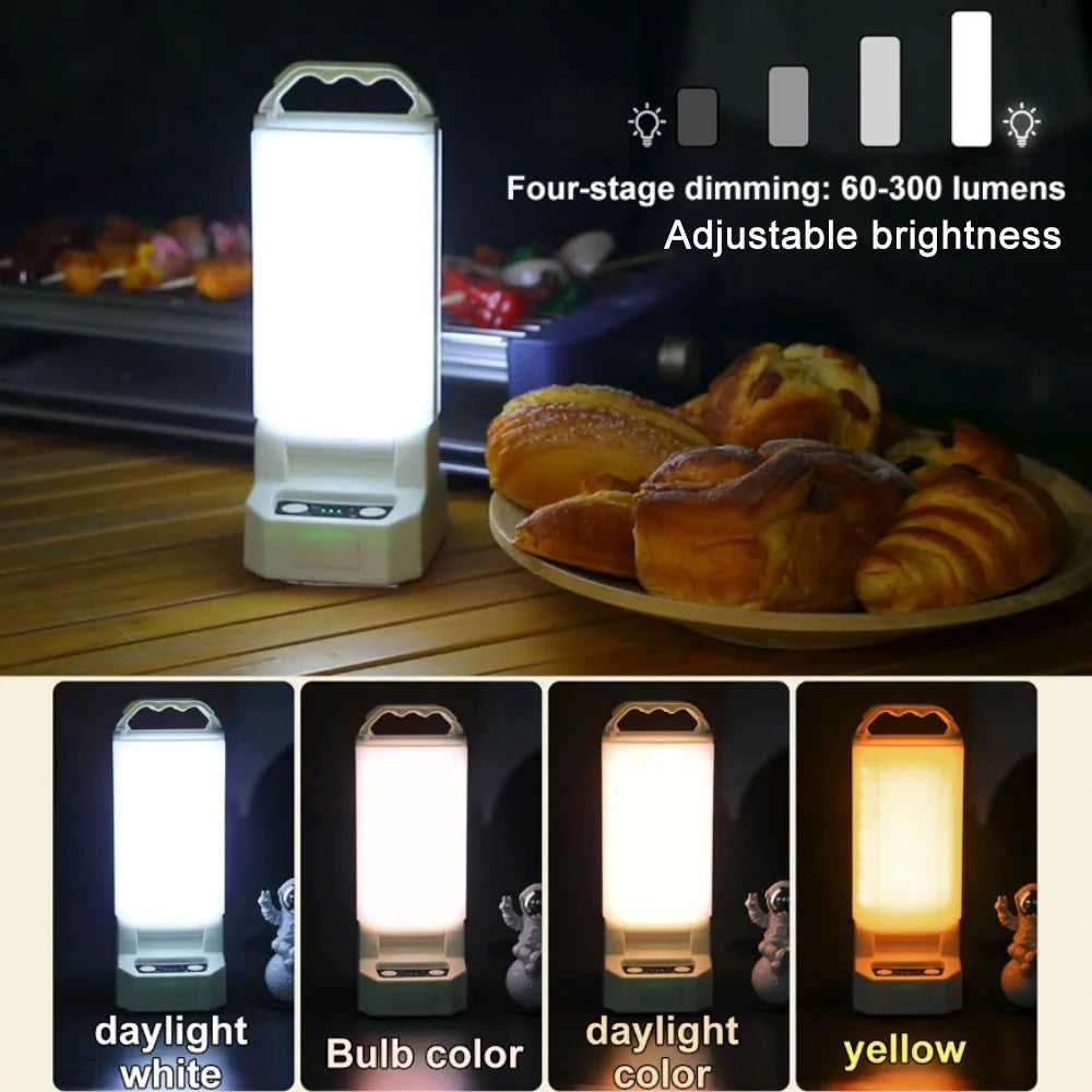 Image of a 4500mAh rechargeable emergency lantern featuring dual charging options (solar and USB Type-C), adjustable brightness, and a weather-resistant design, displayed on a clean white background.