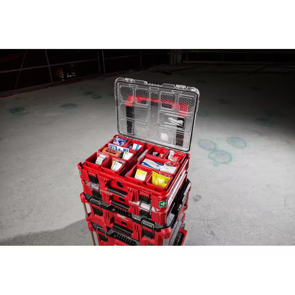 Image of a Milwaukee PACKOUT First Aid Kit featuring 193 essential pieces, a durable weather-sealed case, and a bonus 20oz red tumbler, displayed on a clean white background.