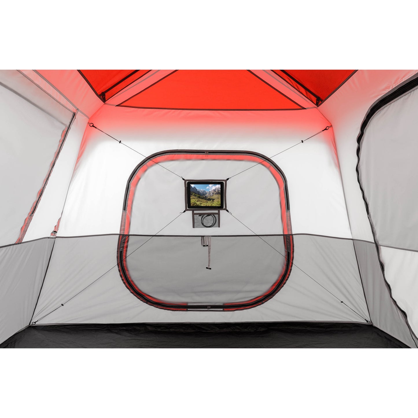 "8-Person Instant Cabin Tent set up in a campsite, showcasing its spacious interior, LED lighted poles, and durable design."