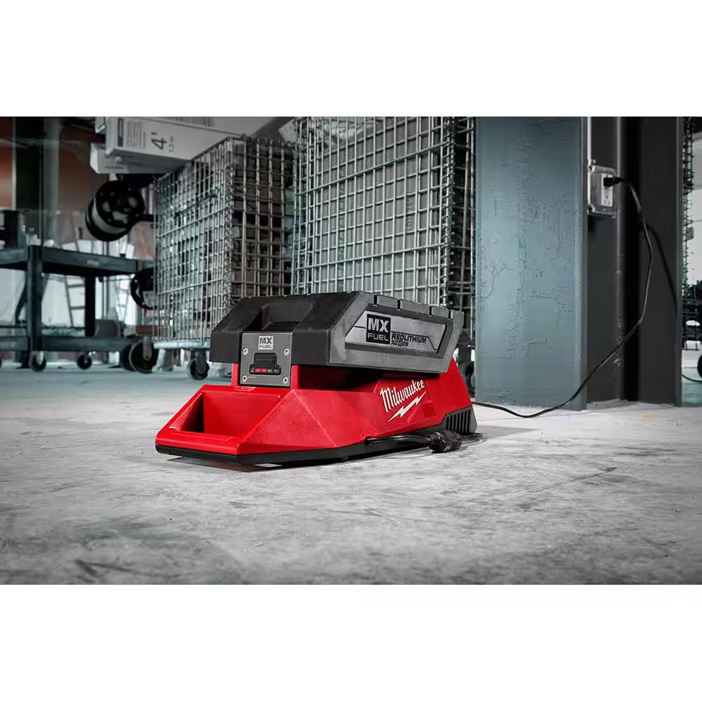 Image of the MX FUEL 3600W/1800W Portable Battery Generator with 2 XC batteries and a charger, showcasing a compact design with an integrated carry handle, displayed on a clean white background.