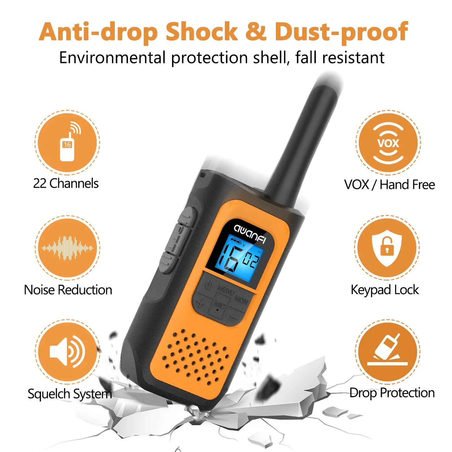 Image of AWANFI walkie-talkies (4 pack), featuring a durable design, 22 channels, and rechargeable functionality, perfect for outdoor adventures and emergency preparedness, displayed on a clean white background.