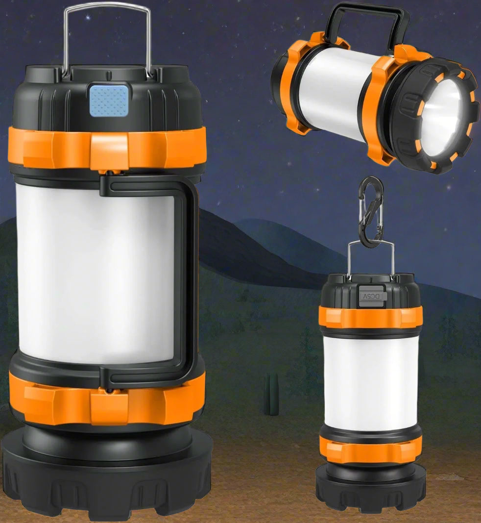 Image of a camping lantern with a 4000mAh power bank, featuring USB and solar charging, adjustable brightness, and a durable design, perfect for camping and emergency preparedness, displayed on a clean white background.