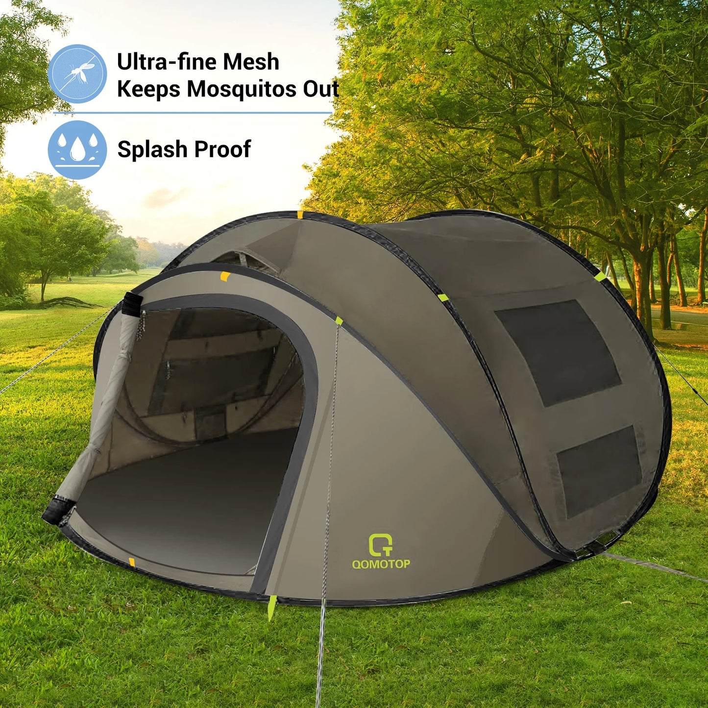 "4-Person Pop-Up Camp Tent - waterproof with large side screen windows and easy automatic setup in green."