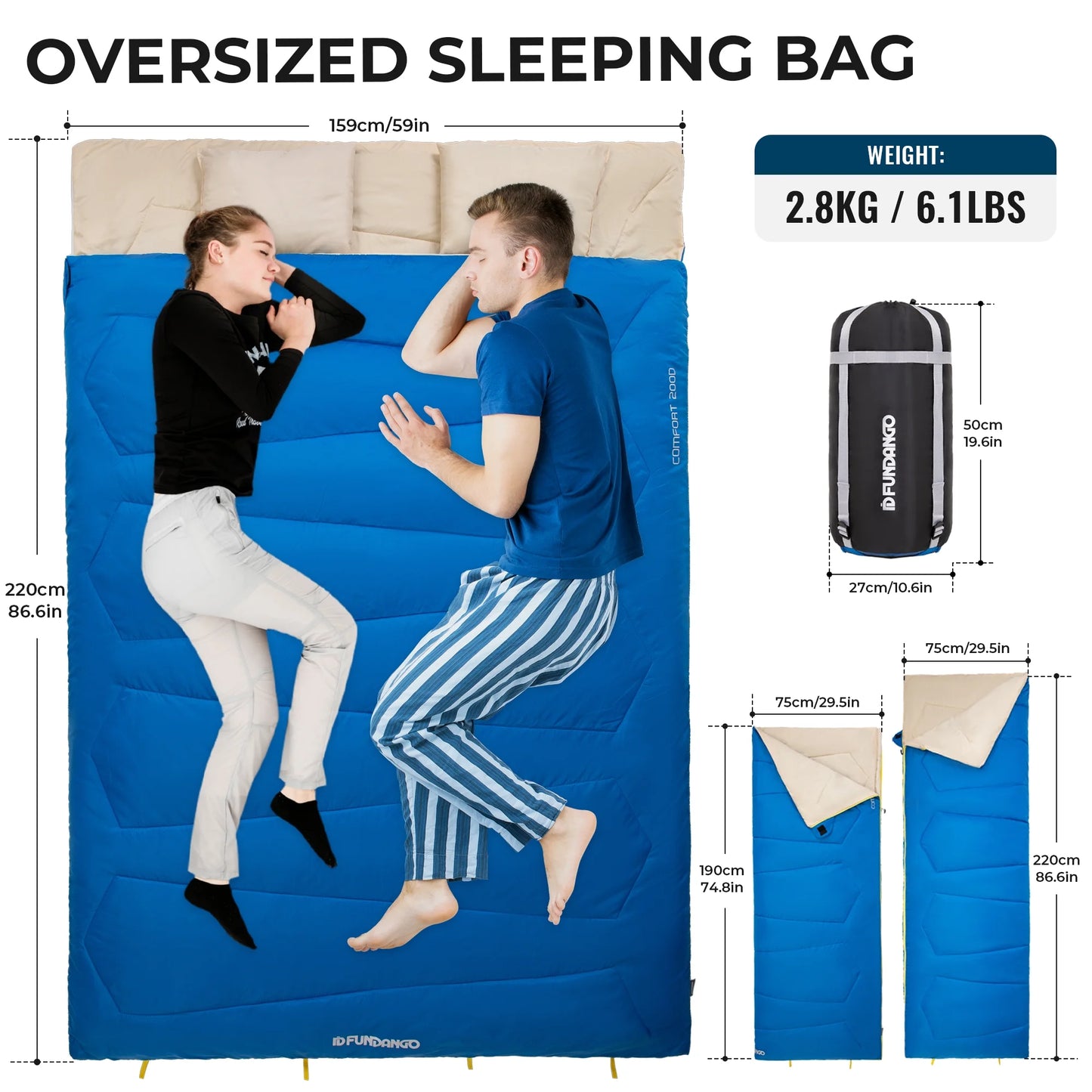 Image of a double sleeping bag with pillows in a lightweight design, featuring a 190T water-resistant shell, convertible into two singles, displayed on a clean white background.