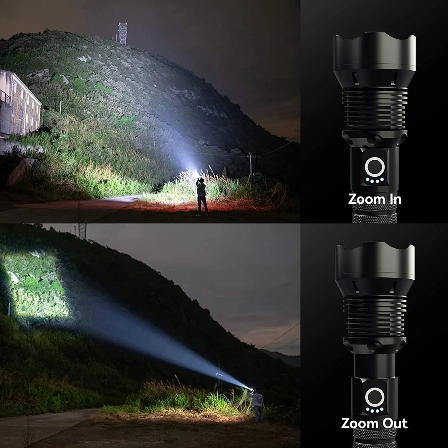 "90,000 Lumens Super Bright Rechargeable Waterproof Flashlight with 5 modes for outdoor adventures and emergencies."