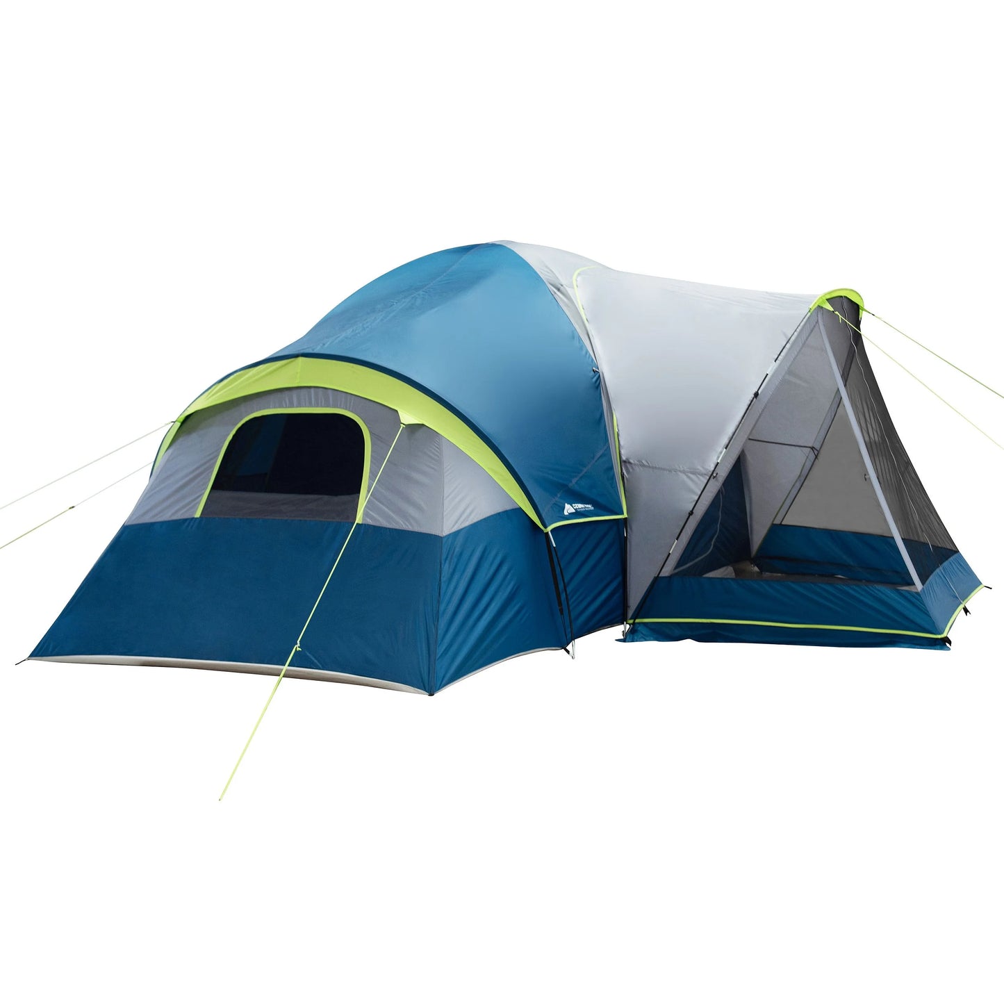 "10-Person Modified Dome Tent with Screen Porch set up in a forest campsite, showcasing its spacious design and inviting screen porch."