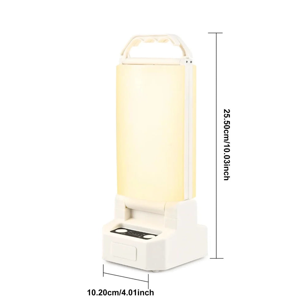 Image of a 4500mAh rechargeable emergency lantern featuring dual charging options (solar and USB Type-C), adjustable brightness, and a weather-resistant design, displayed on a clean white background.