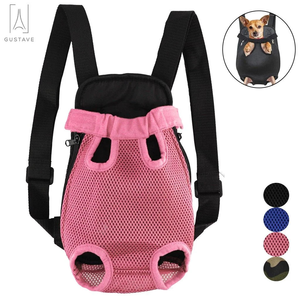 Pink pet carrier backpack with breathable mesh, adjustable straps, and lightweight design, ideal for small to medium-sized pets.