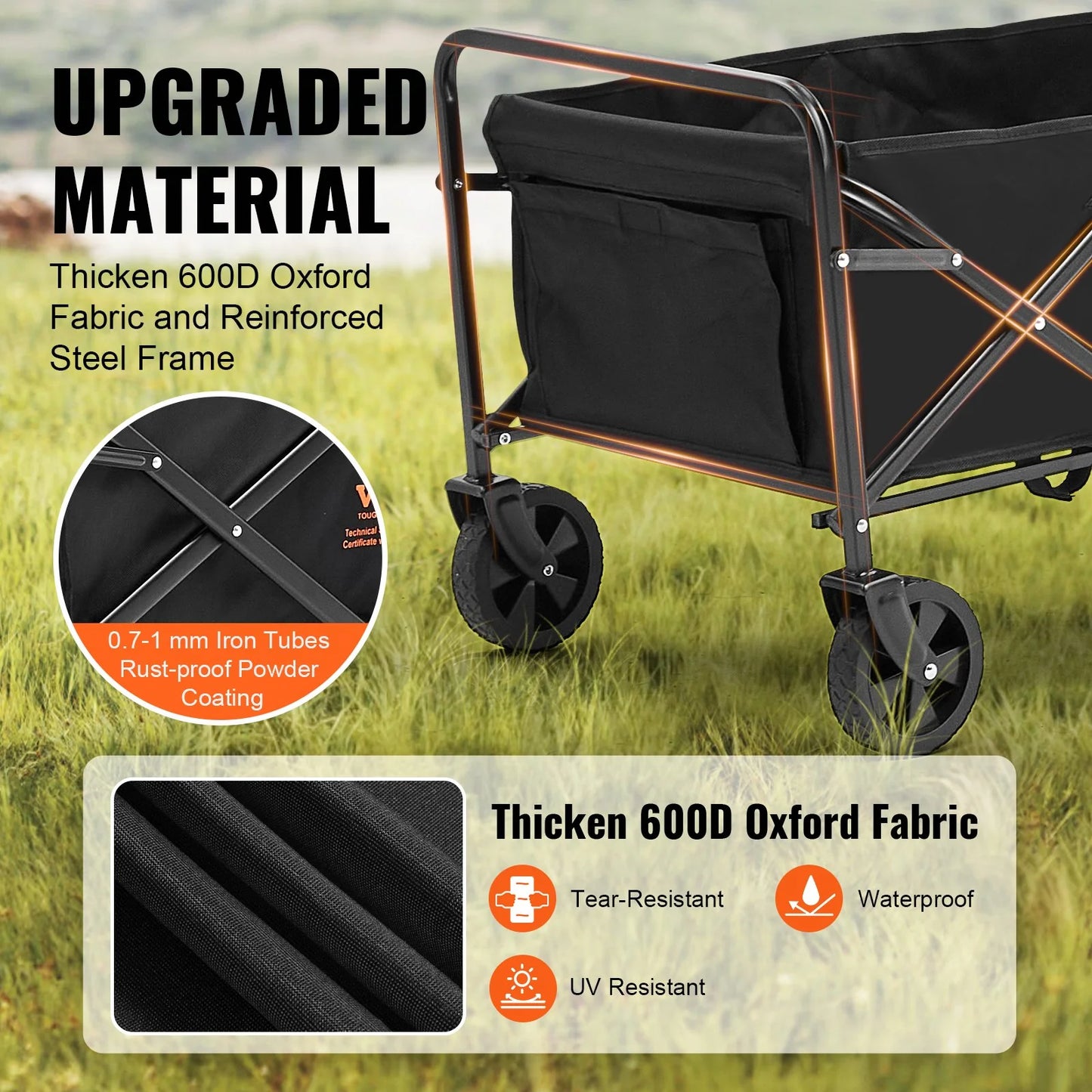 VEVOR Collapsible Folding Wagon, 2 Cu.Ft Beach Wagon Cart with All-Terrain 5In Wheels, Heavy Duty Folding Wagon Cart 220 Lbs Weight Capacity with Drink Holders, Sports Wagon for Camping, Shopping, Gar