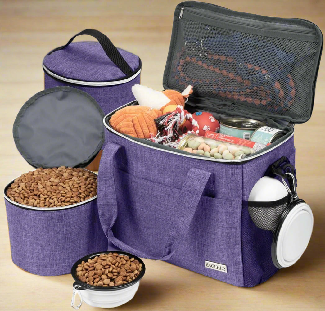 Ultimate pet travel backpack with food storage containers, foldable bowls, and adjustable straps, perfect for traveling with small to medium pets.