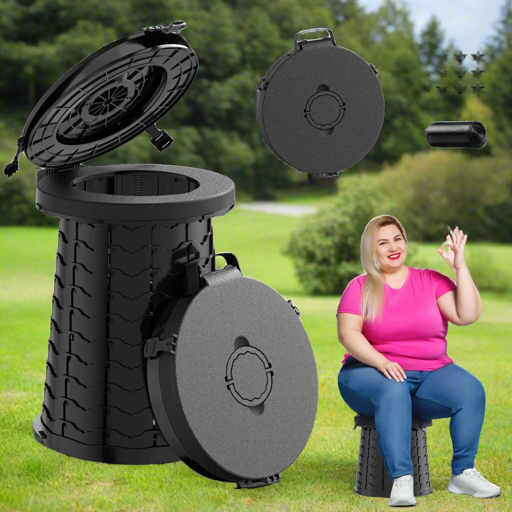 Image of a portable toilet with a 380lb capacity, featuring adjustable height, foldable design, and durable build, ideal for camping and emergency preparedness, displayed on a clean white background.