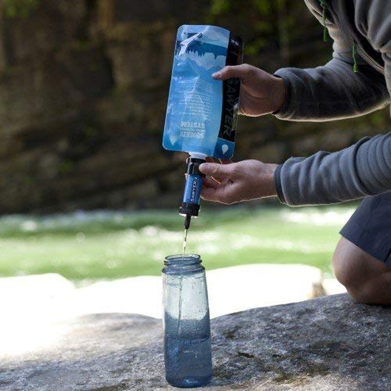 "Sawyer SP128 MINI Water Filter - ultralight 0.1 micron survival water purifier in blue with complete emergency kit."