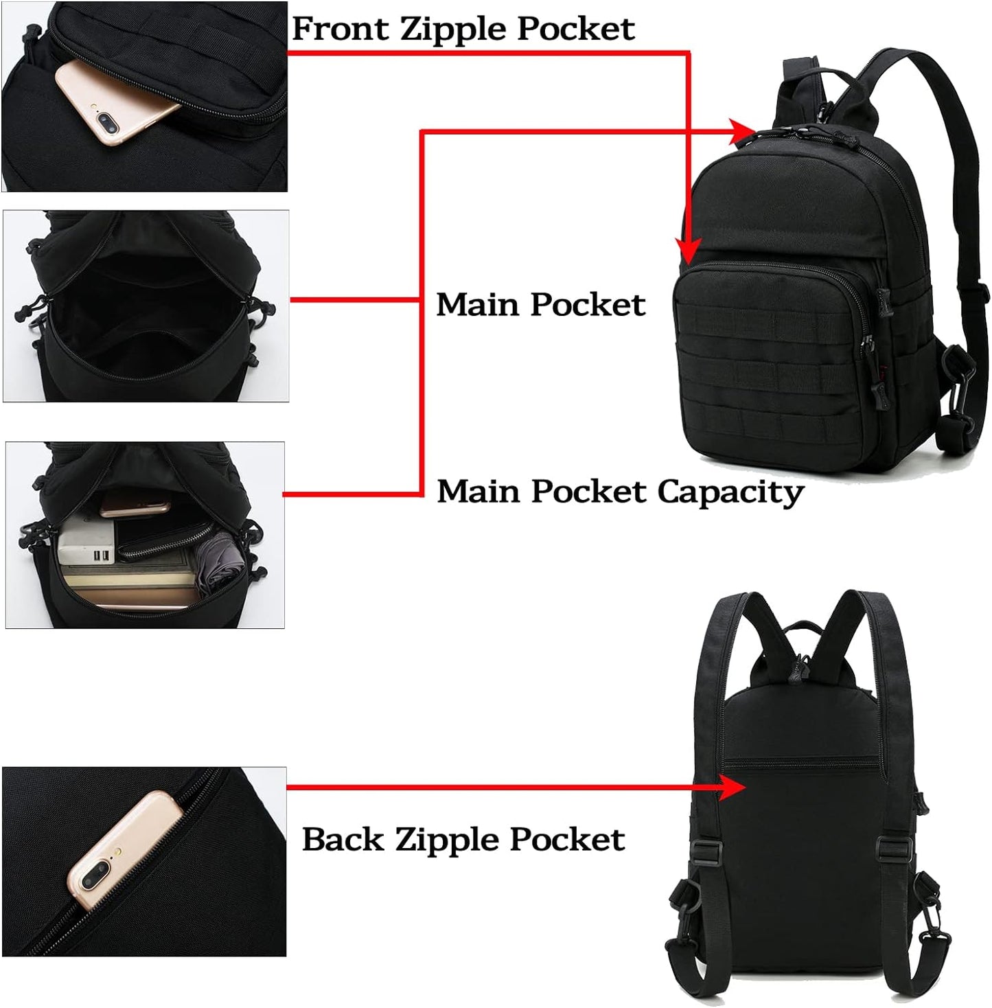 Compact Mini Tactical Backpack - 6L Sling Bag for Travel & Running with Carabiner - Ideal for Men & Women