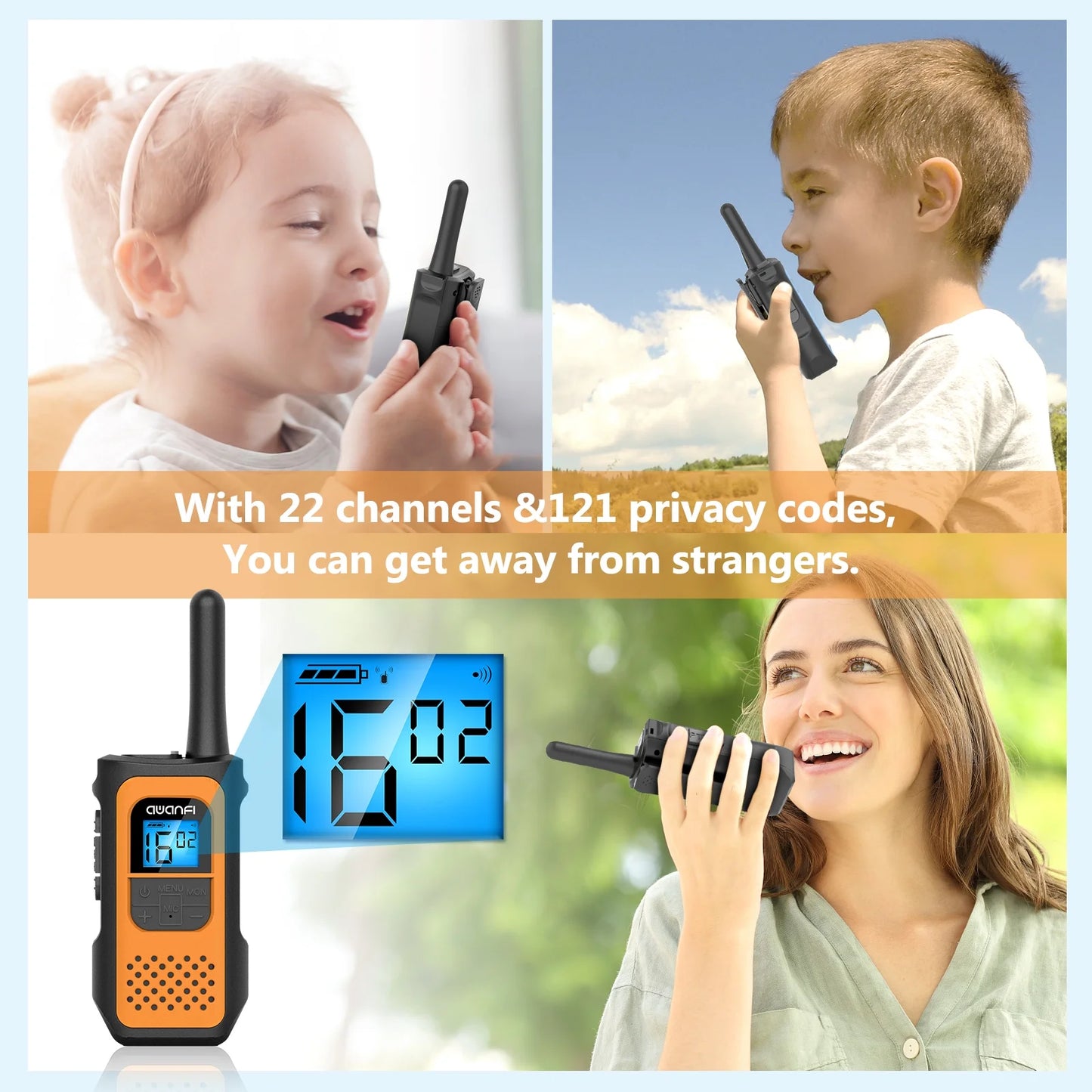 Image of AWANFI walkie-talkies (4 pack), featuring a durable design, 22 channels, and rechargeable functionality, perfect for outdoor adventures and emergency preparedness, displayed on a clean white background.