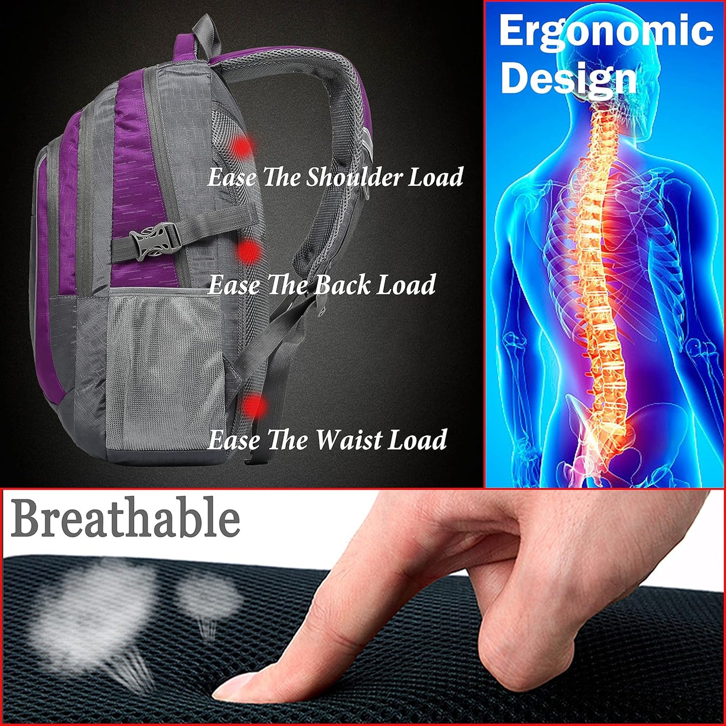 Proetrade Purple A Backpack - Stylish & Durable Bookbag for College, Travel & Hiking, Fits 15.6" Laptop, Multi-Compartment Design with Night Light & Reflective Details, Perfect Gift for Men & Women!