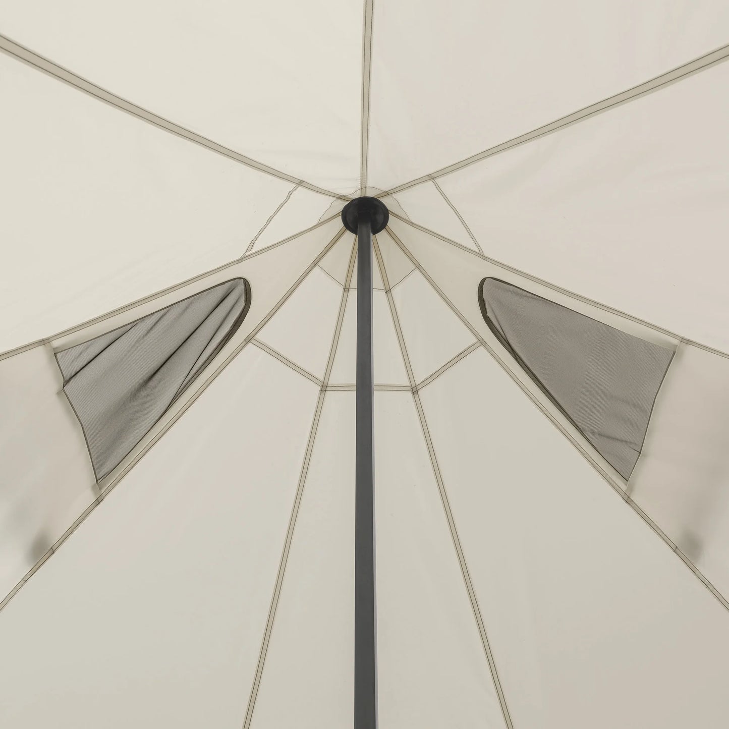 "8-Person Instant Cabin Tent set up in a campsite, showcasing its spacious interior, LED lighted poles, and durable design."