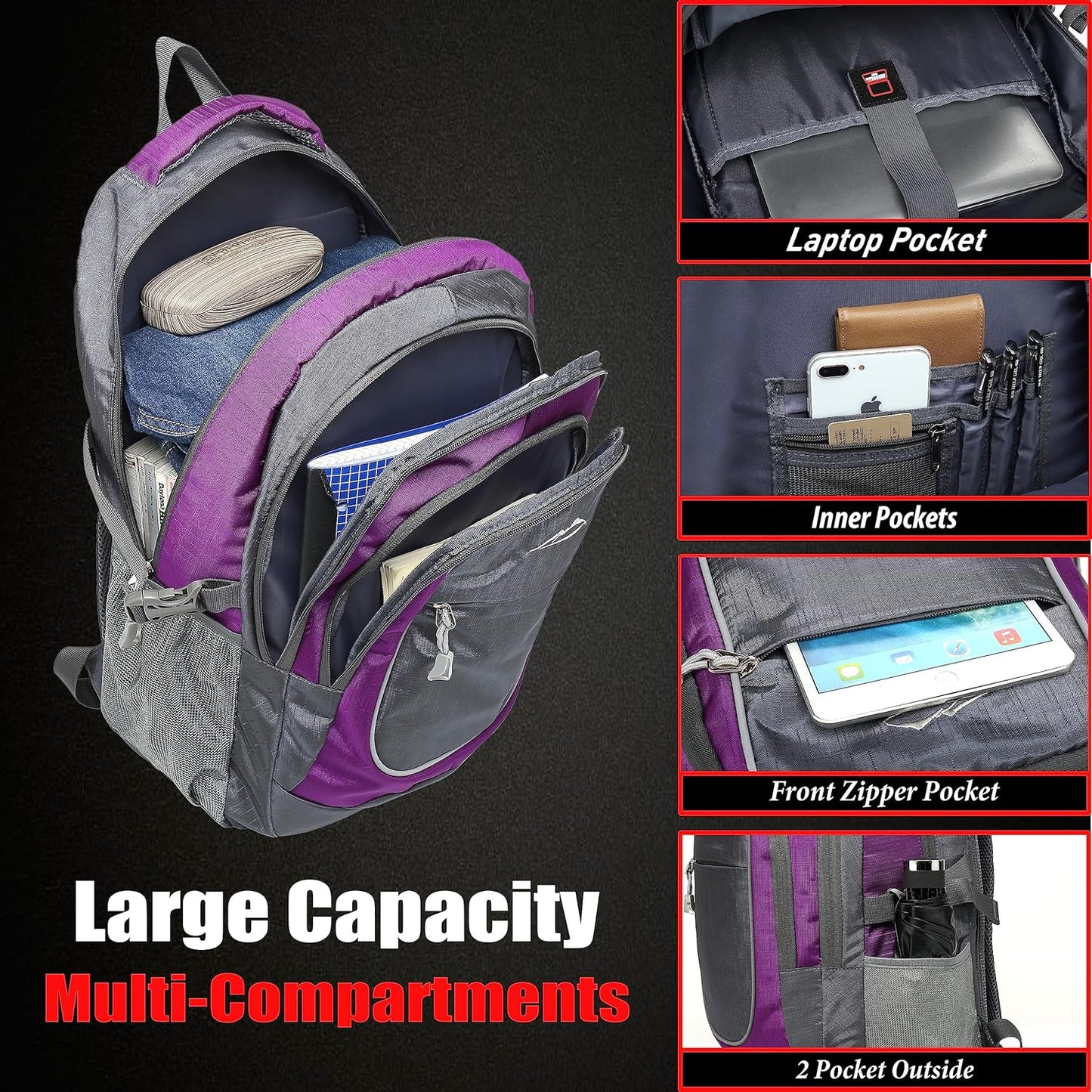 Proetrade Purple A Backpack - Stylish & Durable Bookbag for College, Travel & Hiking, Fits 15.6" Laptop, Multi-Compartment Design with Night Light & Reflective Details, Perfect Gift for Men & Women!