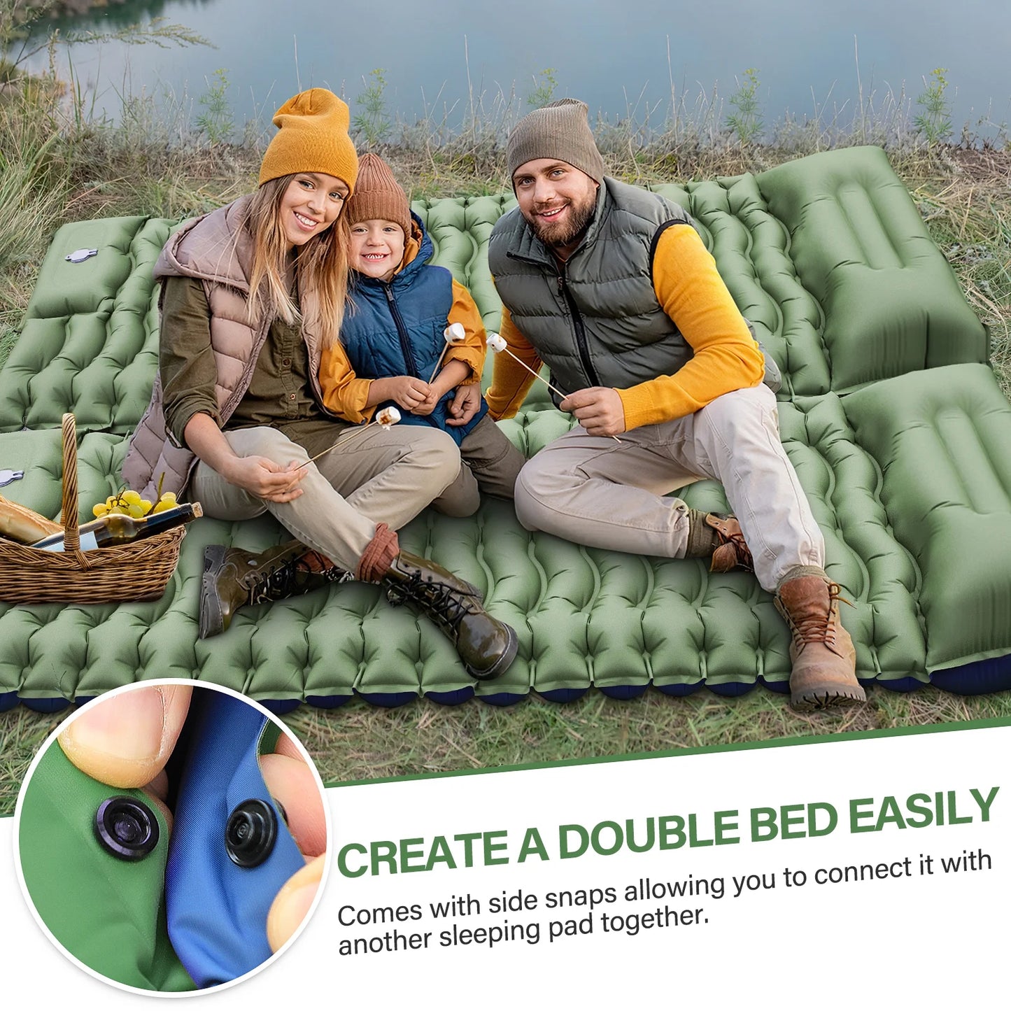 Image of a camping pad with a built-in pillow, featuring an extra-wide ripple air cell design, ultralight construction, and durable materials, ideal for backpacking and emergency preparedness, displayed on a clean white background.