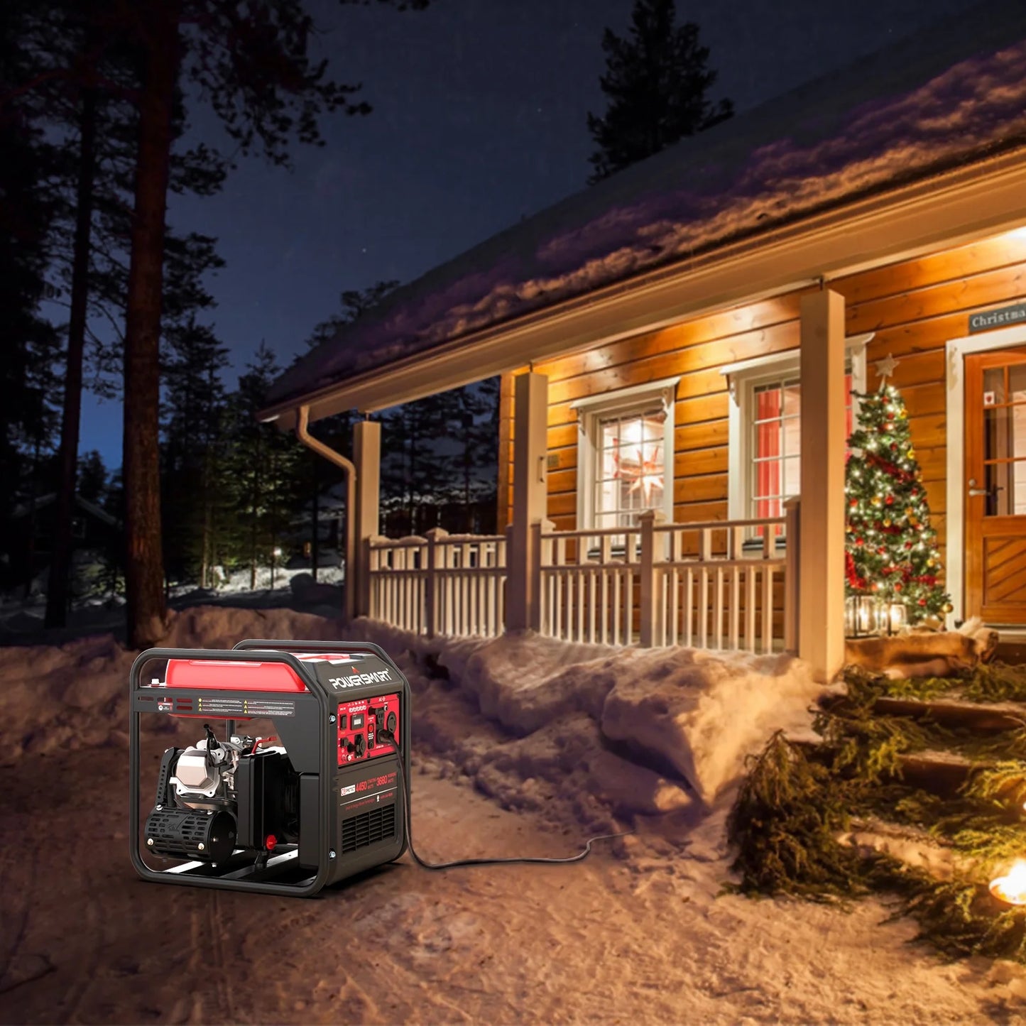 Image of a 4450-watt gas-powered inverter generator, featuring a compact design and EPA compliance, perfect for outdoor adventures and home backup, displayed on a clean white background.