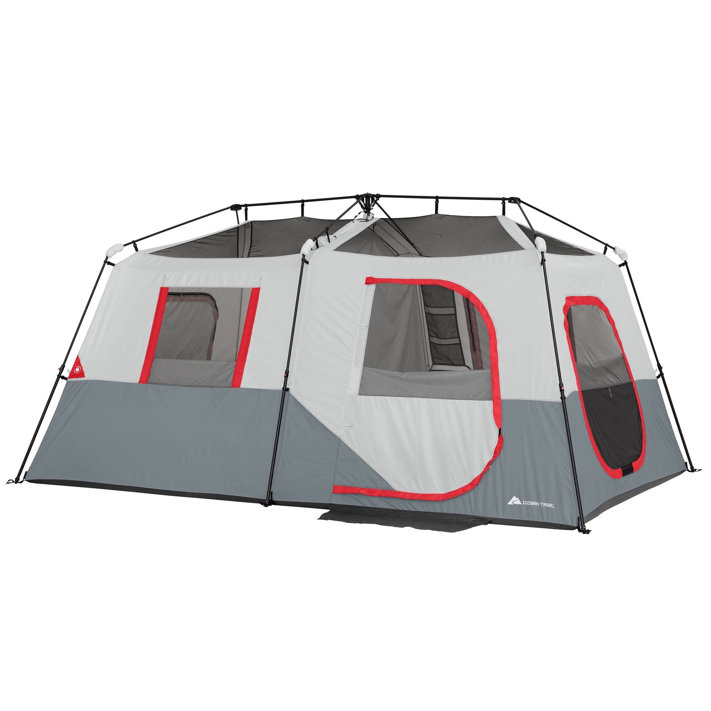 "8-Person Instant Cabin Tent set up in a campsite, showcasing its spacious interior, LED lighted poles, and durable design."