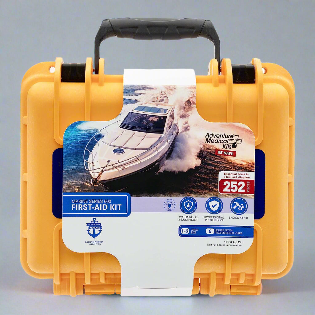"USCG Approved Marine First Aid Kit with waterproof case, designed for 8-person boating emergencies."